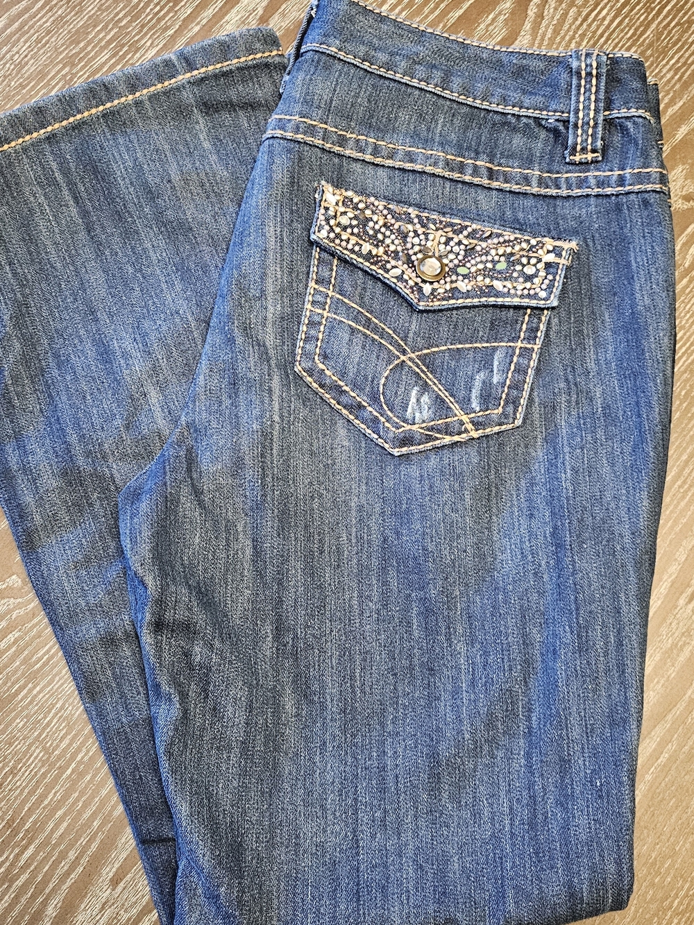 INC International Concepts Blue Boot-Cut Jeans with Embellished Pocket
